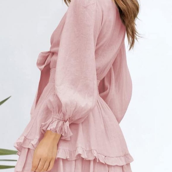 Dokotoo Womens 2023 Summer Deep V Neck Knotted Tiered Chiffon Elegant Mini Short - Picture 2 of 3